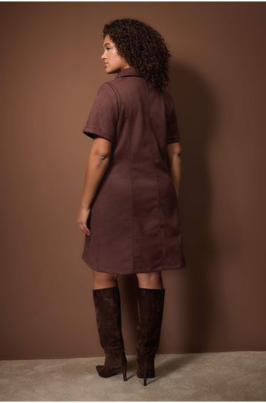 Dark brown shirt collar short suede woven plus size dress product thumbnail 2