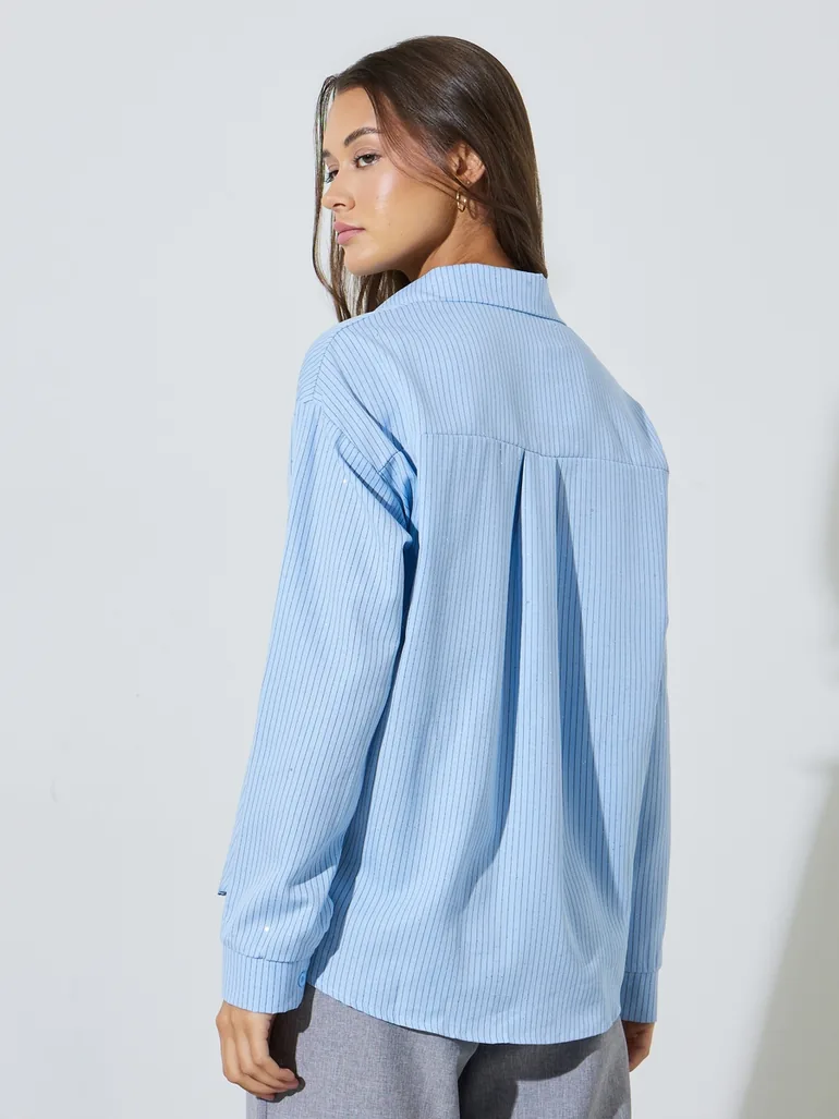 Light Blue Striped Embellished Long Sleeves Shirt - 4