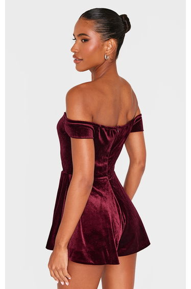 Burgundy Velvet Bardot Sweetheart Neckline Floaty Playsuit product thumbnail 2