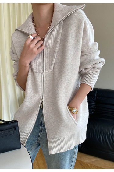 Double-Zip Flap Collar Rib Knit Cardigan in Ivory product thumbnail 3