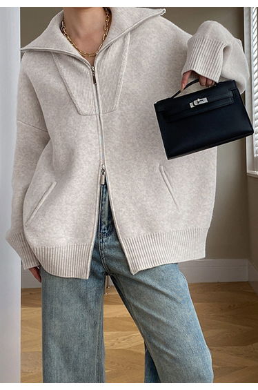 Double-Zip Flap Collar Rib Knit Cardigan in Ivory product thumbnail 4