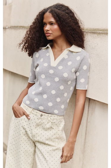 Grey Polka Dot Jaquard Knit Polo Top product thumbnail 4