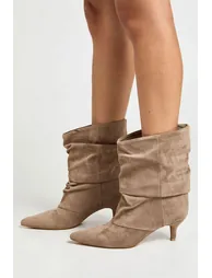 Faux Suede Ruched Kitten Heel Ankle Boots - taupe