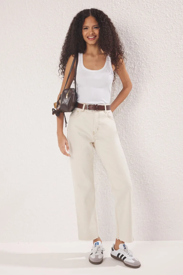 Ecru Cut-Off High Waist Straight Jeans