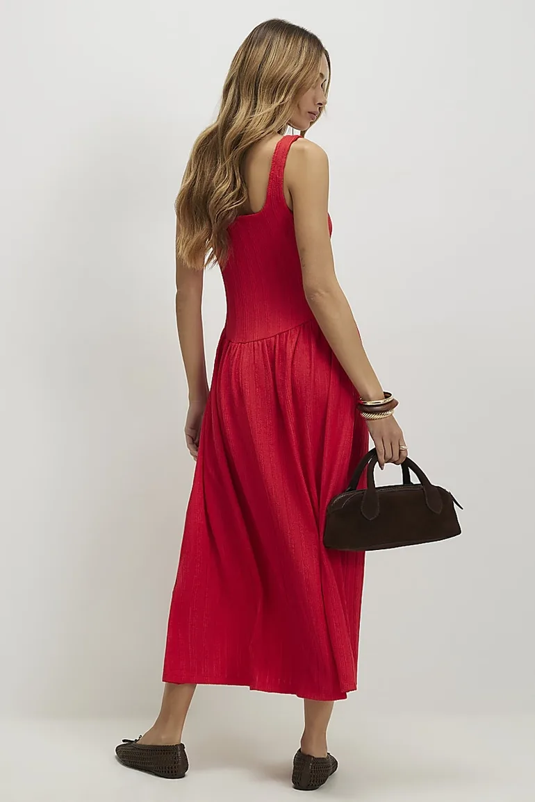 Red Textured Midi Dress - 1