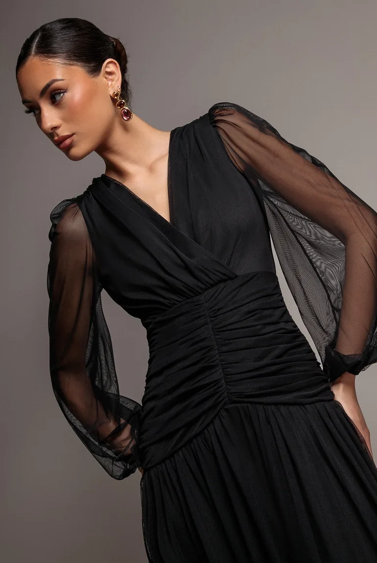 Gathered Long Balloon Sleeve A-Line Mesh Maxi Dress - Black by Goddiva - 3