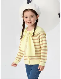 Girls' Ribbed Knit Cardigan with Scarf - 1