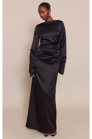 Black Satin High Neck Flared Sleeve Maxi Dress