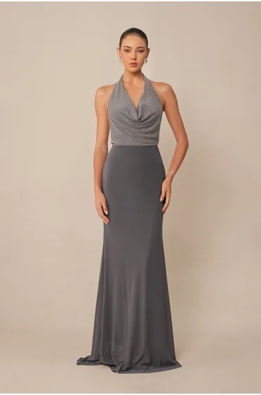Grey Rhinestone Embellished Halter Neck Maxi Dress