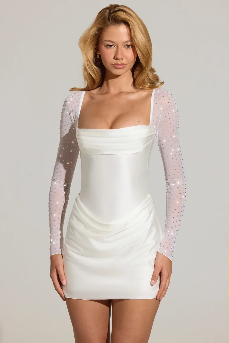 Embellished Long-Sleeve Draped Mini Dress in White - 6