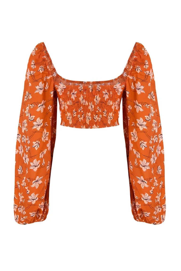Floral Pattern Woven Square Neck Crop Beach Blouse - 3