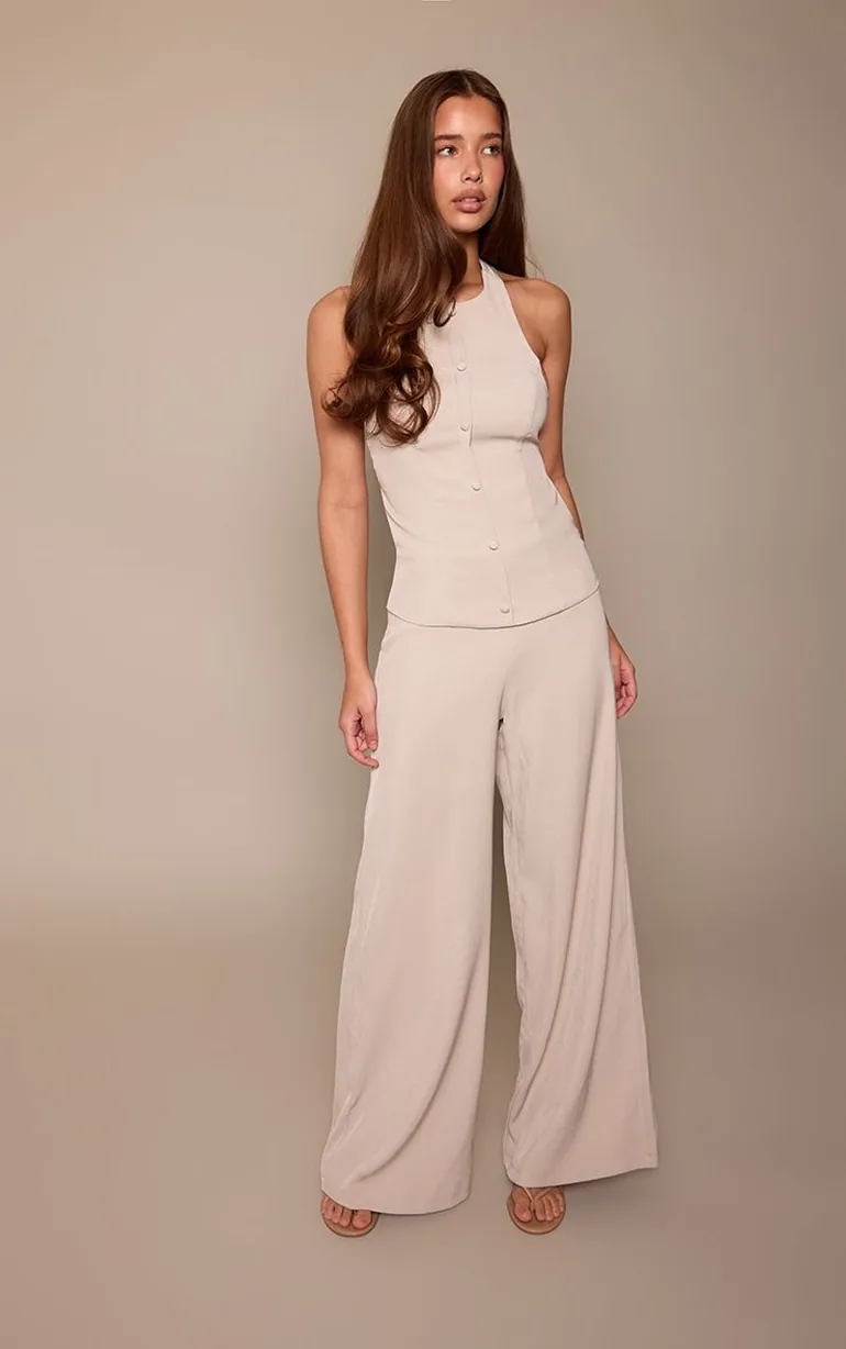Stone Halter Neck Buckle Detail Wide Leg Jumpsuit - 2