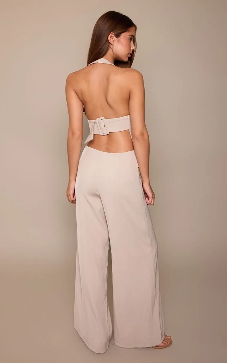 Stone Halter Neck Buckle Detail Wide Leg Jumpsuit - 1