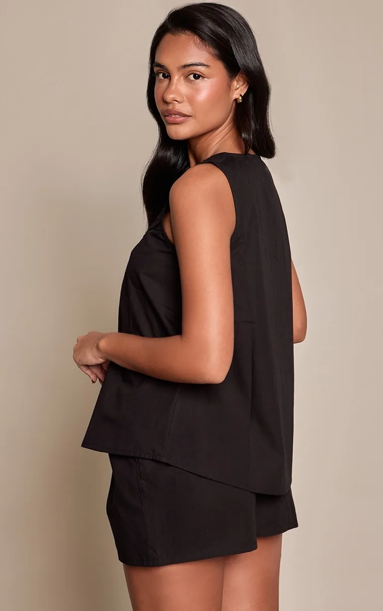 Black Cotton Ruched Scoop Neck Top - 2