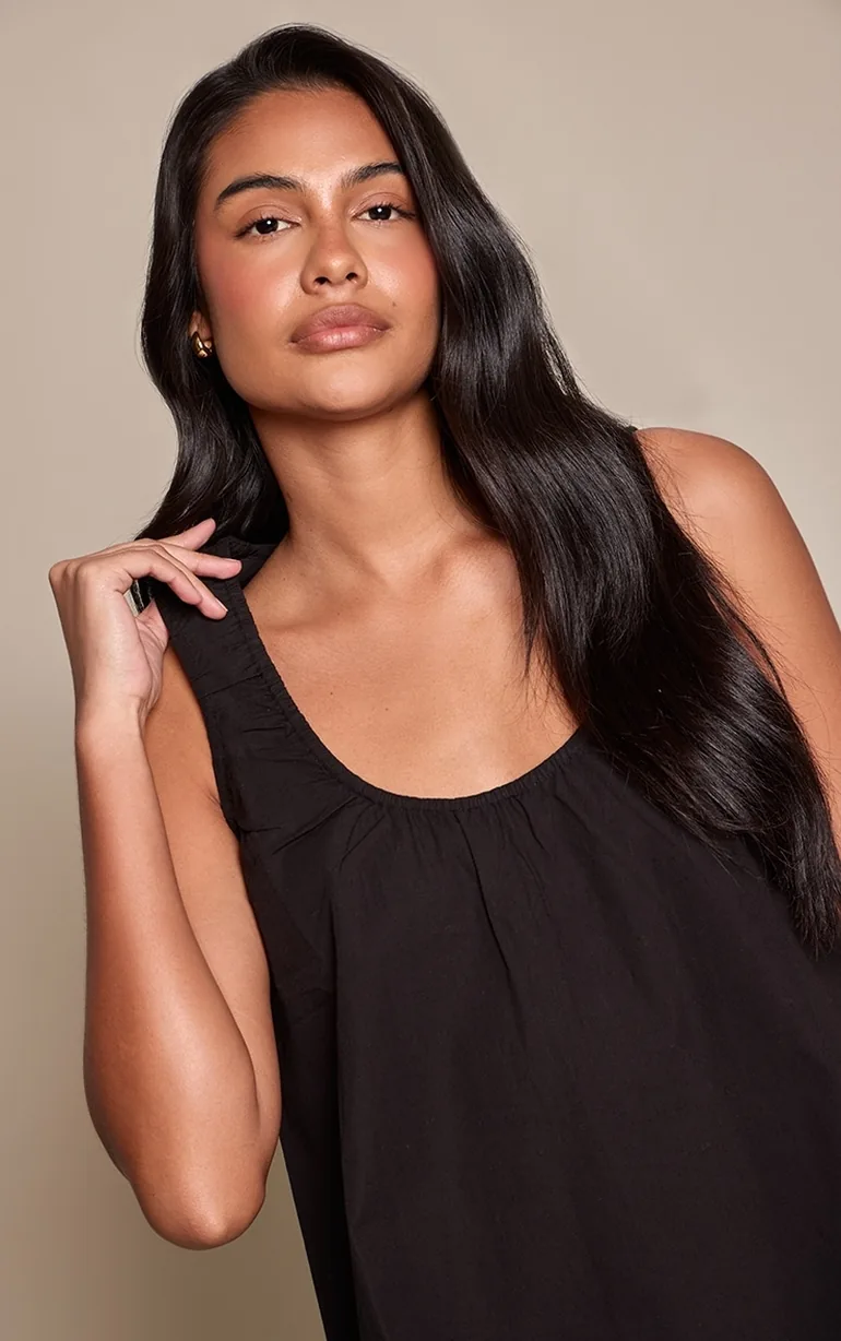 Black Cotton Ruched Scoop Neck Top - 3