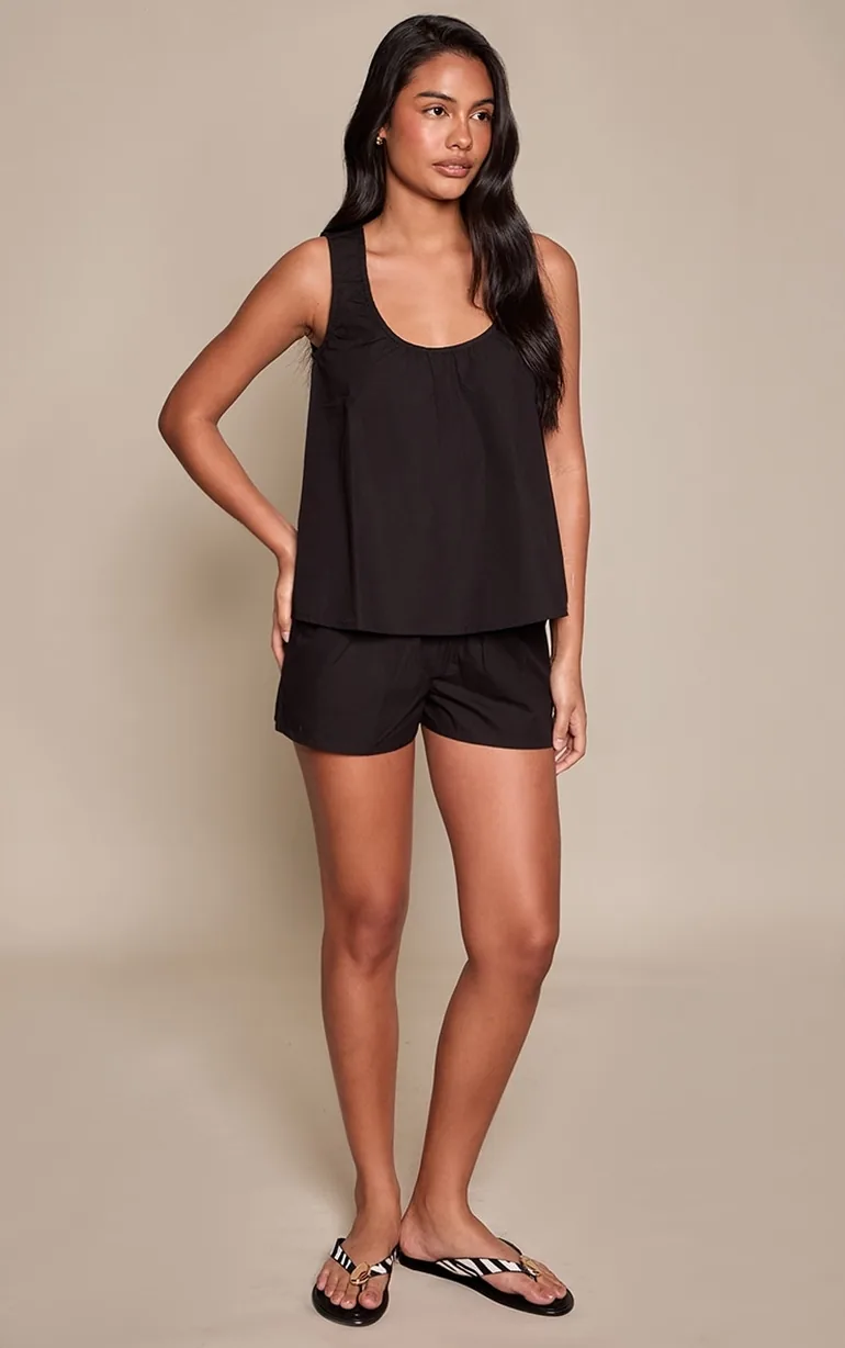 Black Cotton Ruched Scoop Neck Top