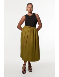Plus Size Viscose Linen Tie Waist Woven Full Midi Skirt