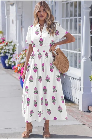 Lvness White Floral Print Split Neck Shirred High Waist Maxi Dress