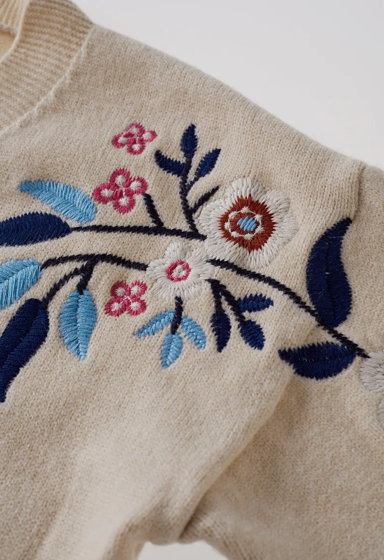 Floral Embroidery Button-Up Knit Cardigan in Oatmeal for Casual Brunch & Weekend Outings - 3