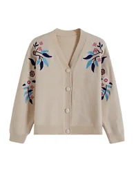 Floral Embroidery Button-Up Knit Cardigan in Oatmeal for Casual Brunch & Weekend Outings - 1