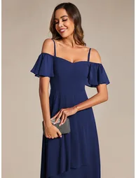 Chiffon Spaghetti Strap Cold Shoulder Tea Length Wedding Guest Dress - 1