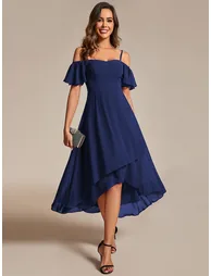 Chiffon Spaghetti Strap Cold Shoulder Tea Length Wedding Guest Dress - 3