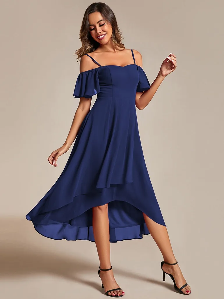 Chiffon Spaghetti Strap Cold Shoulder Tea Length Wedding Guest Dress - 4