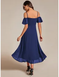 Chiffon Spaghetti Strap Cold Shoulder Tea Length Wedding Guest Dress - 2