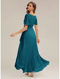 Short Sleeve Ruffle Round Neck High-Low Asymmetrical Bridesmaid Dresses - 1