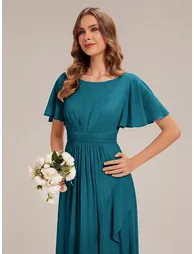 Short Sleeve Ruffle Round Neck High-Low Asymmetrical Bridesmaid Dresses - 4