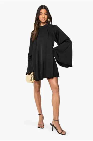 Textured Satin Open Back Swing Playsuit - black