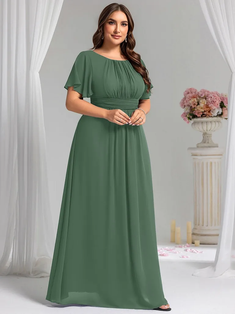 Short-Sleeve Ruffle Pleated A-Line Floor-Length Bridesmaid Dress - 8
