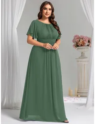 Short-Sleeve Ruffle Pleated A-Line Floor-Length Bridesmaid Dress - 8