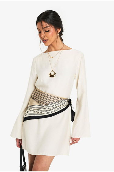 Linen Long Sleeve Slash Neck Tailored Mini Dress product thumbnail 2
