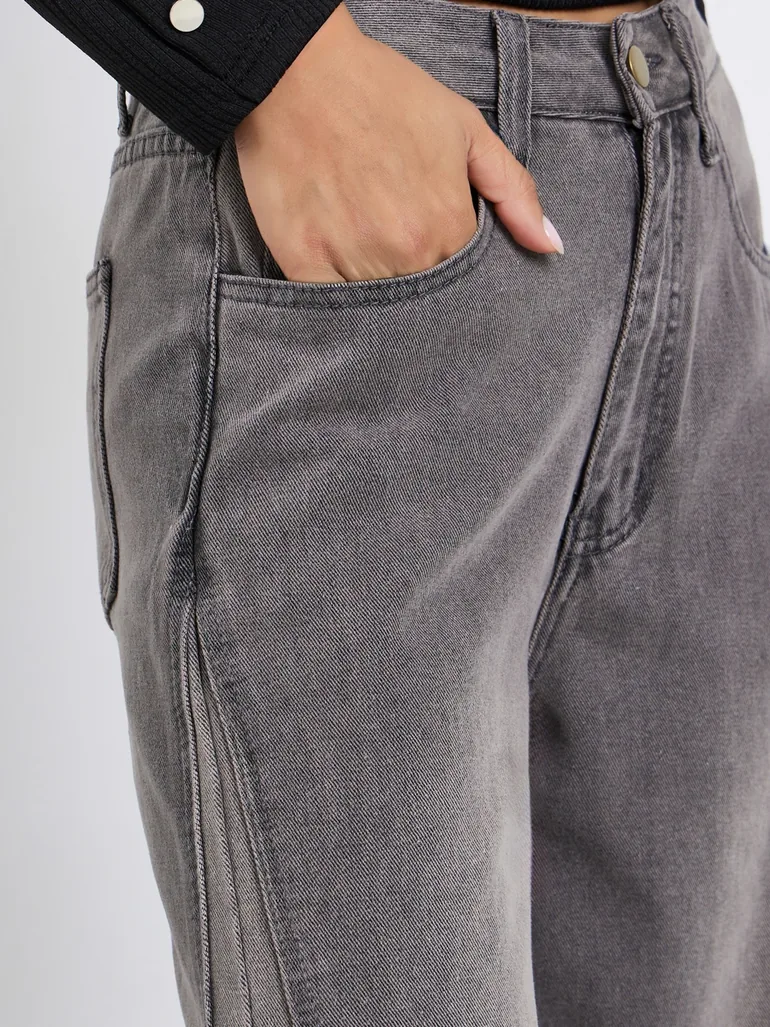 High Rise Triangle Panelled Side Seam Wide Leg Jeans - 2