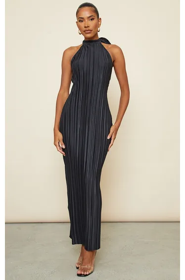 Black Plisse High Neck Low Back Maxi Dress