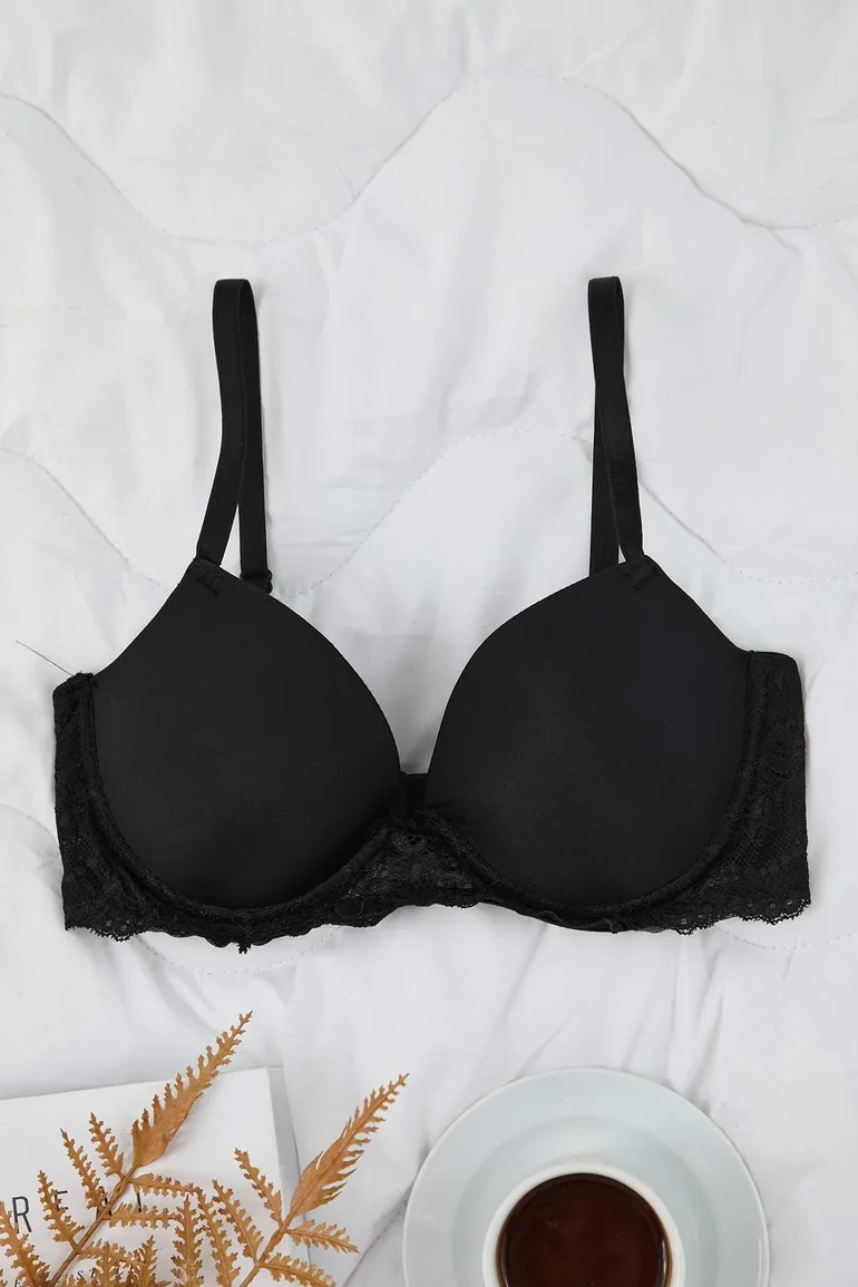 Black Single Micro Underwire Lace Detail Plain Fixed Cup T-Shirt Bra Bra