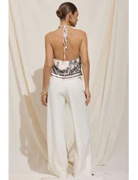 Artistic Print Satin Halter Neck Backless Tie-Up Beaded Top - 2