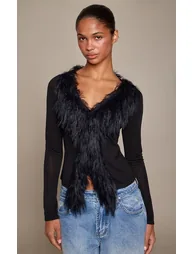 Black Sheer Feather Trim Top - 1