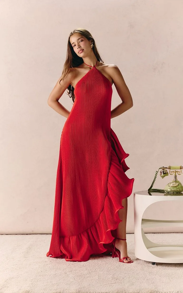 Red Satin Plisse Frill Detail Maxi Dress - 2