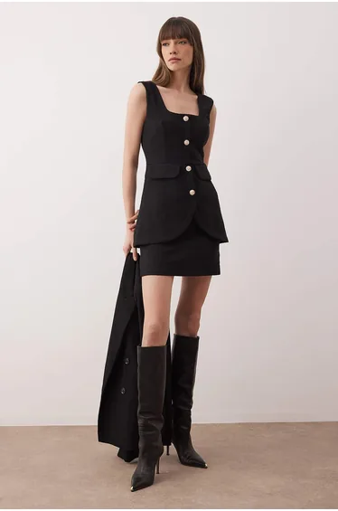 Black plain premium tweed fabric button detailed short/mini woven dress