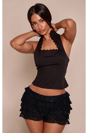 Petite Black Heart Broderie Collar Fitted Sleeveless Top product thumbnail 4