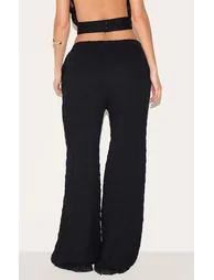Black Textured Jersey Drawstring Waist Wide Leg Trousers - 2