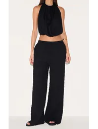 Black Textured Jersey Drawstring Waist Wide Leg Trousers - 1