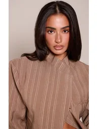 Petite Stone Pinstripe Funnel Neck Open Front Woven Blazer - 3