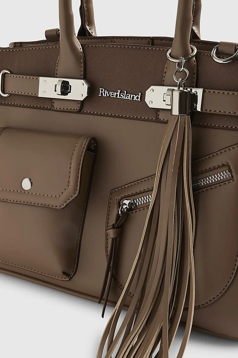 Beige Lock Front Utility Pocket Tote Bag - 3