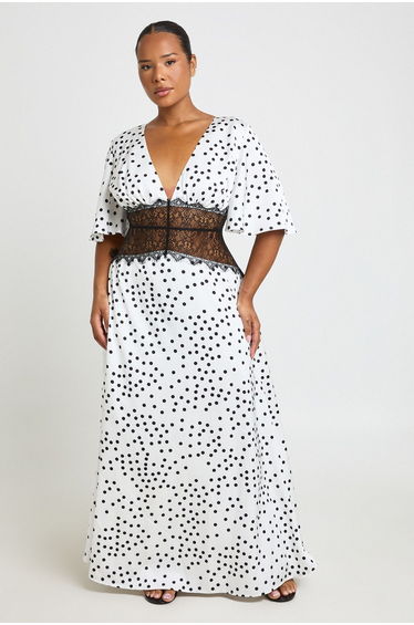 Plus Polka Dot Satin Lace Panel Angel Sleeve Maxi Dress - white