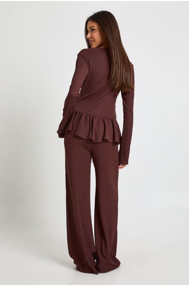 Textured Wrap Detail Long Sleeve Top And Trouser Set - chocolate product thumbnail 2