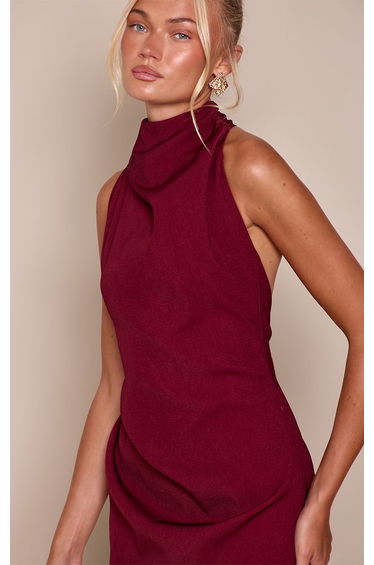 Premium Wine Woven Tie Halter Neck Dress product thumbnail 4