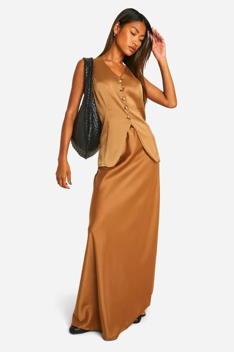 Fluid Premium Satin Longline Waistcoat - mocha - 1
